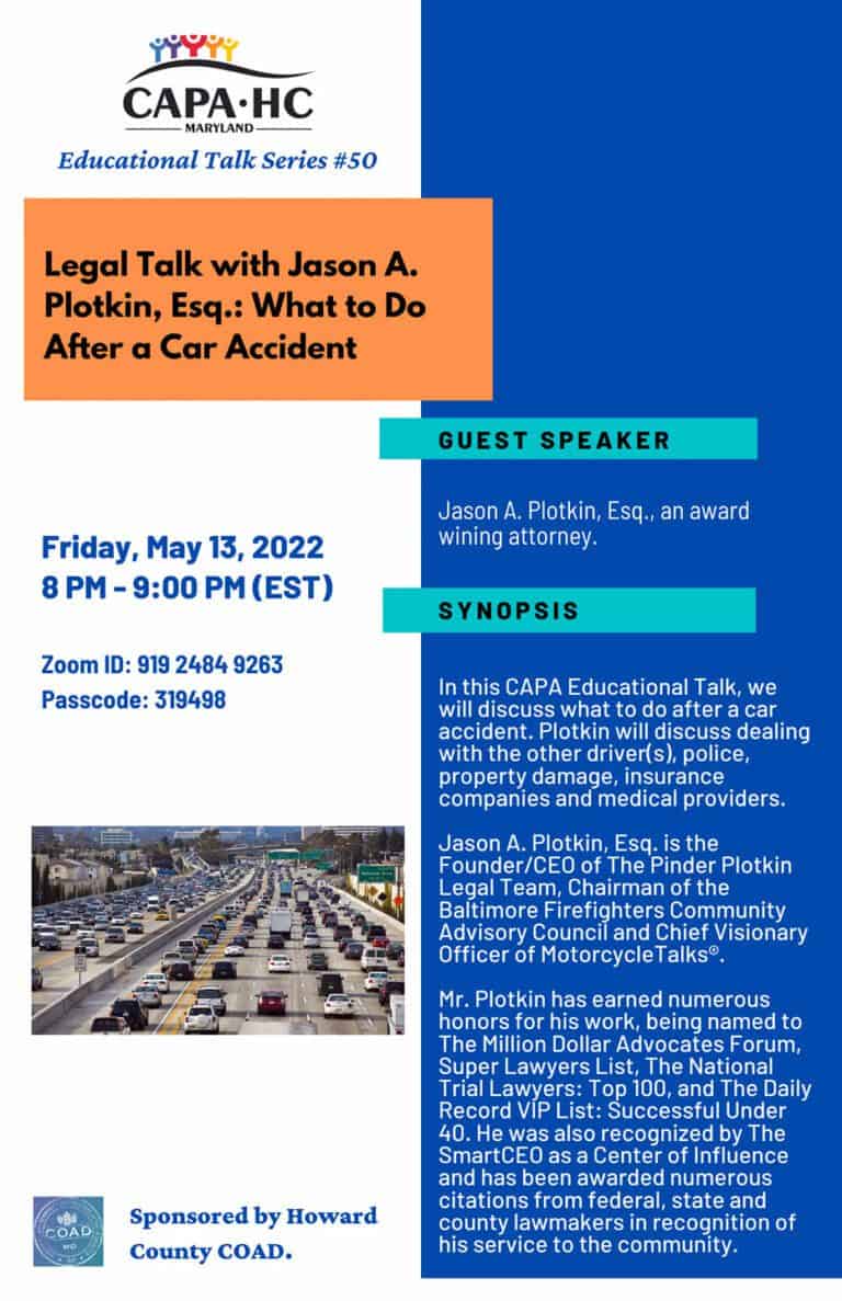 Image is of an event flyer for a Legal Talk with Jason A. Plotkin about what to do after a car accident