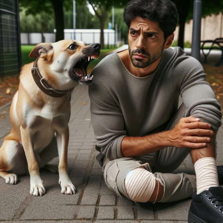 a man scared from an angry dog nearby 1