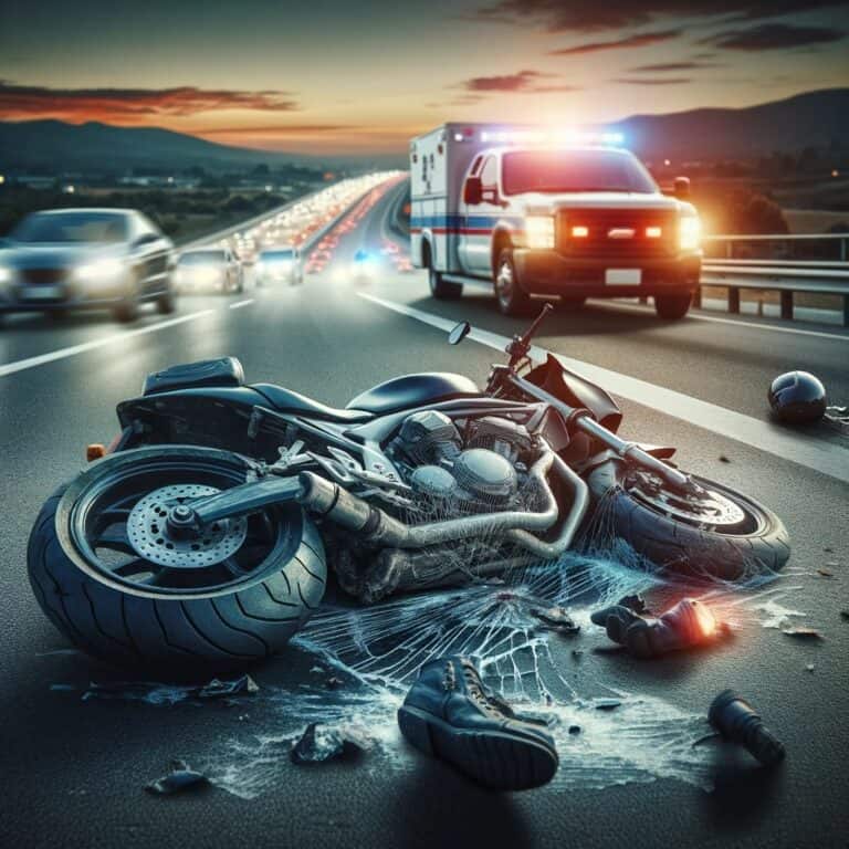damaged motorcycle lying flat on the ground on a highway